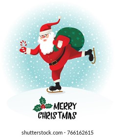 Santa Claus gives gifts on skates. Vector illustration.