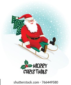Santa Claus gives gifts on Sledging. Vector illustration.