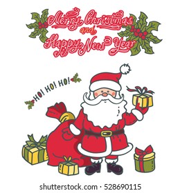 Santa Claus gives gifts. Vector greeting card with the text: "Merry Christmas and Happy New Year". Greeting design 2019 year