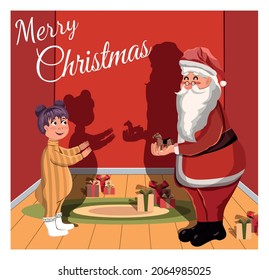 Santa Claus gives a girl a Christmas present. Happy New Year and Merry Christmas. Christmas Eve. Children's room with toys and gifts. Red background. Stock Vector illustration. Holiday. Candles. Shade
