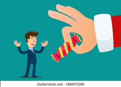 Santa Claus gives the office worker a large candy in a red wrapper for the new year and christmas. Employee motivation. Vector illustration, flat design, cartoon style, isolated background.