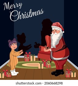 Santa Claus gives a present to a little girl for Christmas. Toy room. Children's blue room. Cartoon. Concept. Happy New Year .Holiday. December 2022.Winter. Cozy place.Stock Vector Illustration.