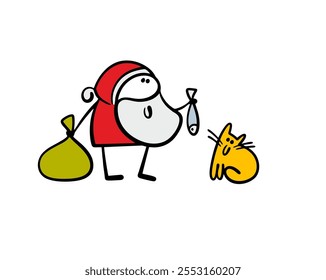 Santa Claus gives presents, holds a bag of gifts and feeds the cat. Vector illustration of a kind stickman giving a fish to a hungry kitten. Merry Christmas, animal.  