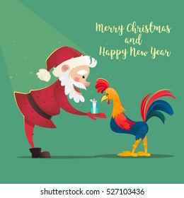 Santa Claus gives presents rooster. Christmas vector illustration. The symbol of the new year 2017. Cartoon characters.