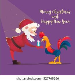Santa Claus gives presents rooster. Christmas vector illustration. The symbol of the new year 2017. Cartoon characters.
