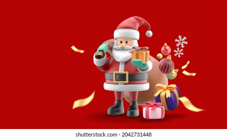Santa Claus gives presents surrounded by gift boxes on red background.Design for christmas illustration.
