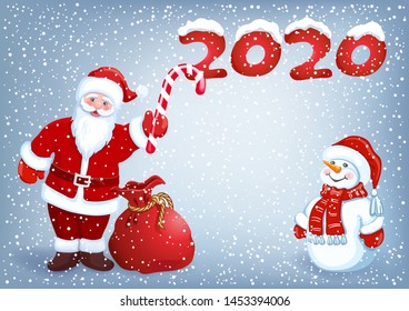 Santa Claus gives snowman candy striped cane against the backdrop of snowfall. Christmas or New Year design postcard.