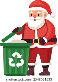 Santa Claus gives a thumbs up at a recycling bin, encouraging everyone to recycle and reuse gifts and toys for a sustainable Christmas, promoting eco-conscious habits and reducing holiday waste.