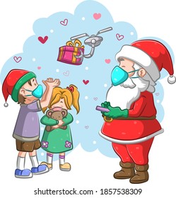 The Santa Claus giving the children the gift with the drone because physical distance