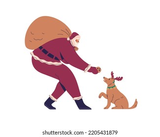 Santa Claus giving Christmas cookie to cute dog in reindeer antlers. Xmas character in costume with gifts bag, funny New Year doggy. Flat graphic vector illustration isolated on white background