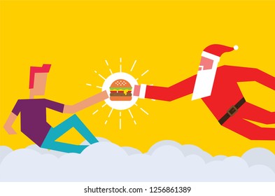 Santa Claus giving Christmas present to man. Santa gifting food to another person. Vector Illustration of two men and burger. Christmas Gift Concept.