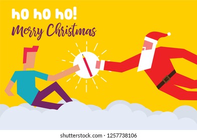 Santa Claus giving Christmas present to man. Santa gifting pencil to another person. Vector Illustration of two men and pencil. Christmas Gift Concept.