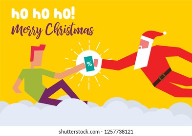 Santa Claus giving Christmas present to man. Santa gifting discount card to another person. Vector Illustration of two men and gift card. Christmas Gift Concept.