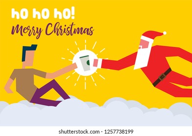 Santa Claus giving Christmas present to man. Santa gifting coffee cup to another person. Vector Illustration of two men and coffee cup. Christmas Gift Concept.