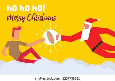 Santa Claus giving Christmas present to man. Santa gifting bread to another person. Vector Illustration of two men and bread. Christmas Gift Concept.