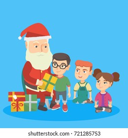 Santa claus giving christmas presents to a group of caucasian kids. Happy children standing and sitting in a queue to take presents from Santa Claus. Vector cartoon illustration. Square layout.