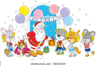 Santa Claus giving Christmas presents to little children in masquerade masks of funny animals