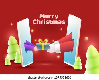 Santa Claus Giving Gift Box To Person Through Smartphone With 3D Snowy Xmas Trees And Stars On Red Background For Merry Christmas.