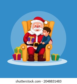santa claus giving gift box to boy in sofa on christmas season illustration vector