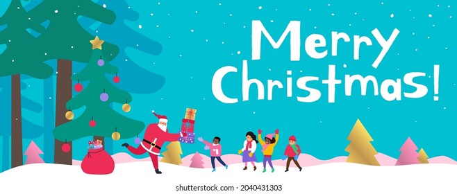  santa-Claus, der glücklichen multiethnischen Kindern Geschenkbox schenkt frohe WeihnachtsVektorgrafik