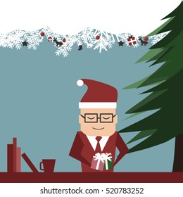 Santa claus giving gift boxes for Christmas new year holiday with his worktable background,flat vector design