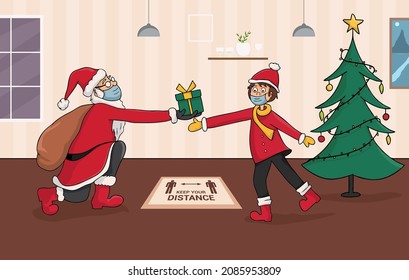 Santa Claus giving gift to children while both are wearing masks and keeping distance. Illustration of Christmas holiday during covid -19 pandemic.