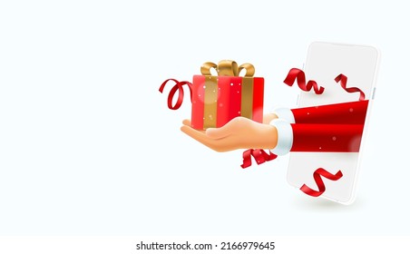 Papá Noel dándole el regalo. Entrega navideña de Internet a través del concepto de teléfono inteligente. Banner vectorial 3d con espacio de copia
