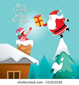 Santa Claus Giving Gift To Girl, Merry Christmas, Xmas, Happy New Year, Objects, Building, Festive, Celebrations