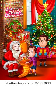 Santa Claus giving gift to kid in Merry Christmas holiday background. Vector illustration