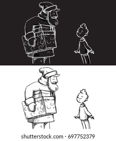 Santa claus giving a gift to a little boy. Vector black and white sketch for invitations, party, Christmas gift card