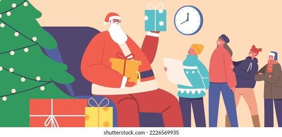 Santa Claus Giving Gifts to Children, Little Girls and Boys Characters Stand in Queue Read Poems to Father Noel who Sit on Armchair at Decorated Christmas Tree. Cartoon People Vector Illustration