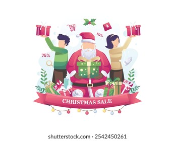 Santa Claus giving gifts concept design of Christmas sale with people receiving gifts. Flat vector illustration