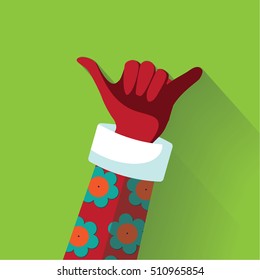 Santa Claus giving the Hang loose hand sign for Christmas in his aloha shirt. EPS 10 vector.