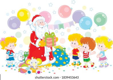 Santa Claus giving his magical Christmas presents to happy and merry small children, vector cartoon illustration on a white background