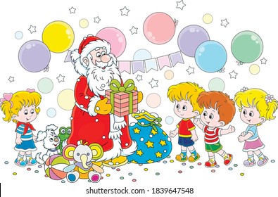 Santa Claus giving his magical Christmas presents to happy and merry children, vector cartoon illustration on a white background