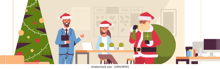 santa claus giving present boxes to businesspeople merry christmas happy new year winter holidays celebration concept modern office interior flat portrait horizontal vector illustration