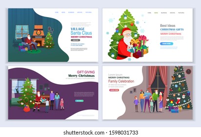 Santa Claus Giving Presents. Merry Christmas family holidays. Landing pages template.  Flat vector illustration