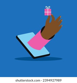 Santa Claus giving a virtual gift. Preparing xmas gifts. Christmas and New Year 2025 celebration. Flat vector illustration in cartoon style.