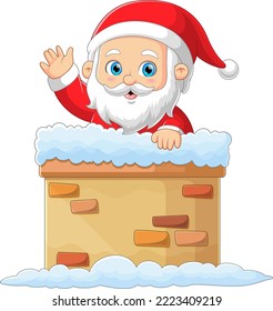 The Santa claus is giving a wave hand to someone while entering chimney of illustration