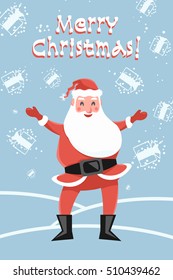 Santa Claus glad snowfall of the gifts. Greeting Card Merry Christmas. Magic of Santa on Christmas Eve.