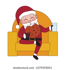 Santa Claus with glass of milk eating tasty cookie in armchair o