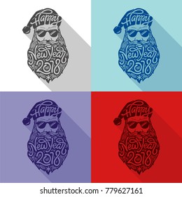 Santa Claus with glasses in hipster style with beard and an inscription Happy New Year 2018. Vector illustration of flat style and long shadows.