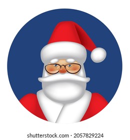 Papá Noel en retrato de gafas e icono de avatar en marco redondo aislado en blanco. Diseño y pegatina de tazas de Navidad y Año Nuevo. Ilustración vectorial