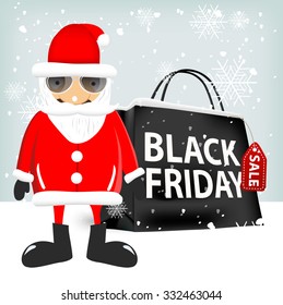 Santa Claus with glasses standing near a black friday shopping bag. Sale, christmas, x-mas and holidays concept