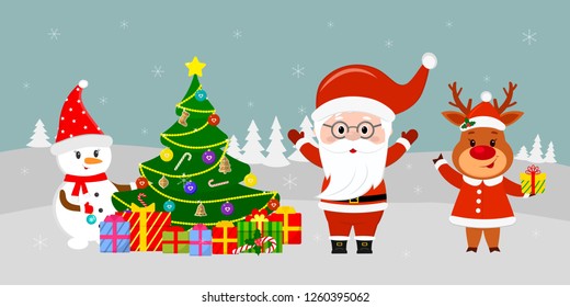 Santa Claus in glasses stands by the Christmas tree, a snowman hangs a toy on the Christmas tree, a deer in a Santa suit holds a gift against the background of winter. Winter holidays, vector.