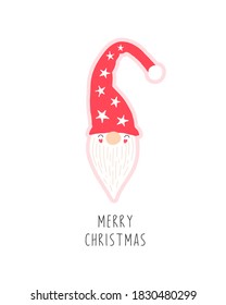 Santa Claus, a gnome in a red cap, Merry Christmas greetings. Holiday card for a gift. Vector illustration for children.