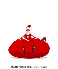 Santa Claus.  Gnome.  Sits on a sack with gifts.  Isolated object.  Red bag.  Christmas.  New Year.  Cheerful old man.  Can be used in advertising, design, design.  Vector.