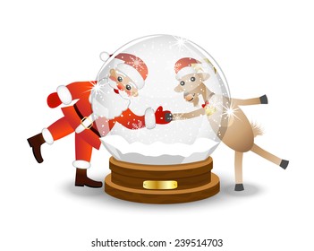 Santa claus and goat look through a glass festive ball, vector illustration