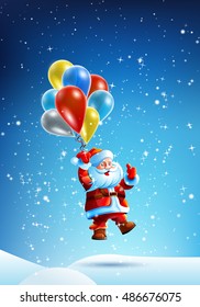 Santa Claus goes down on the multi-colored balloons on a background of a winter landscape. Snow, sky, stars. Vector. Illustration. Image.