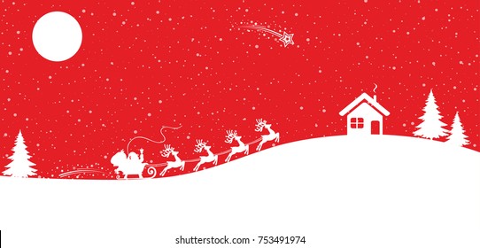 Santa Claus goes on Christmas sleigh on red background – vector